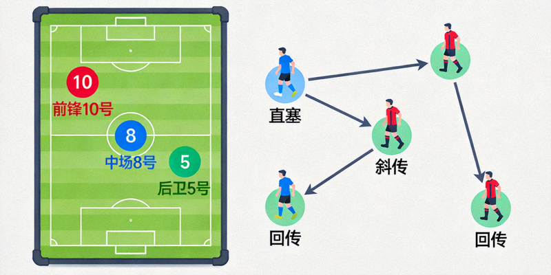足球战术分析板，展示球员跑位和传球路线示意图